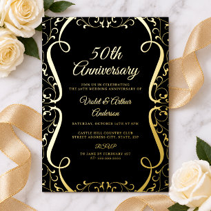 Invitación Con Relieve Metalizado Elegante remolino negro dorado 50 aniversario de b
