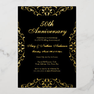 Invitación Con Relieve Metalizado Elegante remolino negro dorado 50 aniversario de b