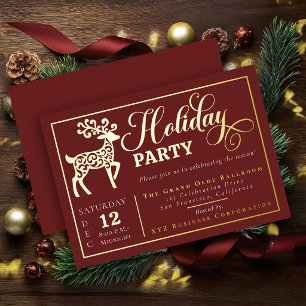 Invitación Con Relieve Metalizado Elegante Reno Ornamental de Fiesta Navideña Dorado