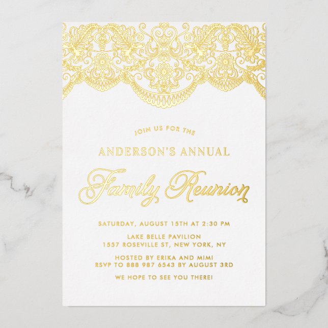 Invitación Con Relieve Metalizado Elegante Reunión de la Familia Floral Brocade Lace (Anverso)