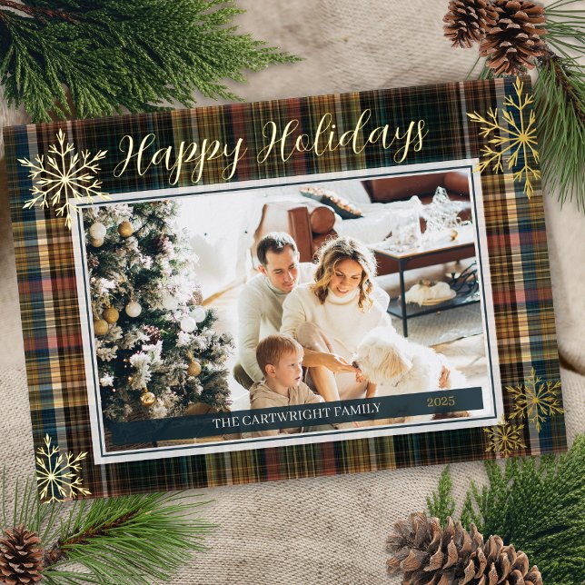 Invitación Con Relieve Metalizado Elegante Rico Cuadro Estilo de reliquia Felices Fi (elegant gold foil happy holidays formal plaid single photo christmas card with name year snowflakes)
