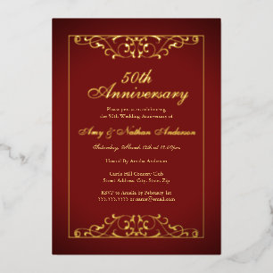 Invitación Con Relieve Metalizado Elegante rojo dorado 50 aniversario de bodas