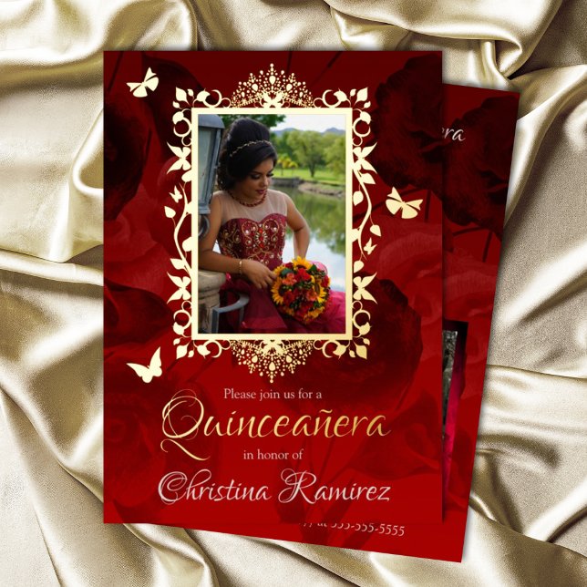 Invitación Con Relieve Metalizado Elegante Rojo, Mariposas Doradas Quinceanera (Elegant red and gold quinceanera invitations, gold foil butterfly fancy photo frame)