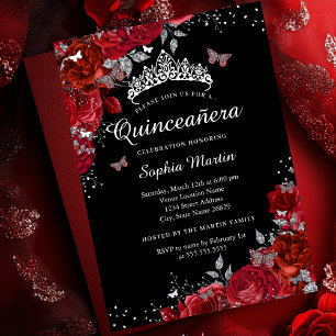 Invitación Con Relieve Metalizado Elegante Rojo Negro Floral Mariposa Quinceañera 