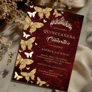 Invitación Con Relieve Metalizado Elegante Rojo Rubí Oro Mariposa Quinceañera