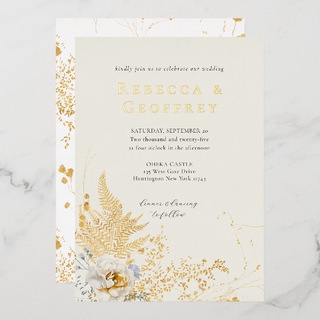 Invitación Con Relieve Metalizado Elegante Romántico Fern Rosa Floral Boda Gold (Anverso/Reverso)