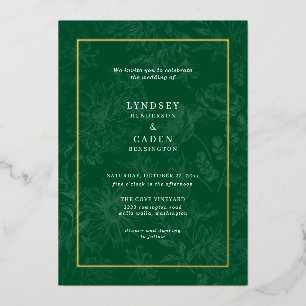 Invitación Con Relieve Metalizado Elegante Romántico Floral Esmeralda Verde Boda Oro