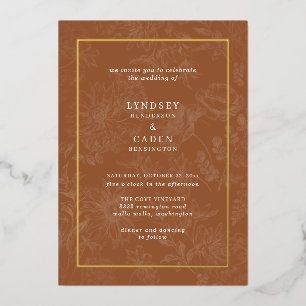 Invitación Con Relieve Metalizado Elegante Romántico Floral Naranja Quemada Boda Oro