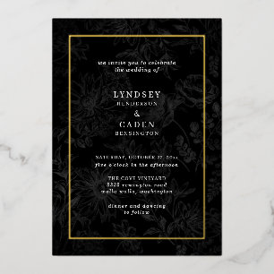 Invitación Con Relieve Metalizado Elegante Romántico Floral Negro Boda Dorado