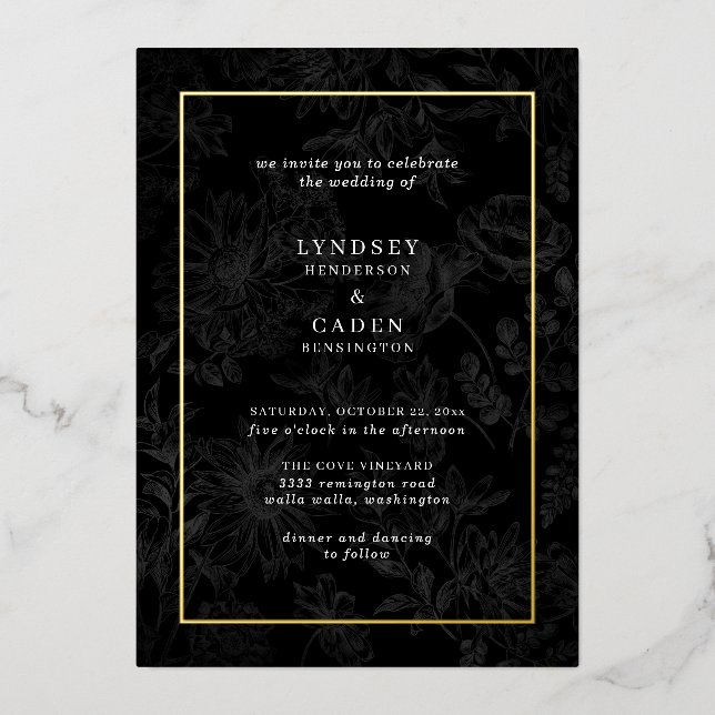 Invitación Con Relieve Metalizado Elegante romántico floral negro Boda oro (Anverso)