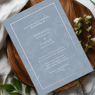 Invitación Con Relieve Metalizado Elegante Romántico Floral Polvo Azul Boda Plata