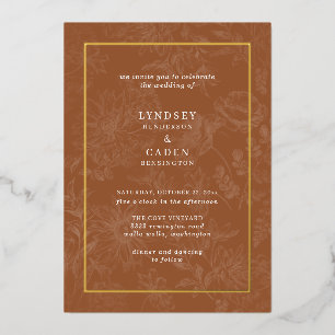 Invitación Con Relieve Metalizado Elegante Romántico Naranja Floral Boda Oro