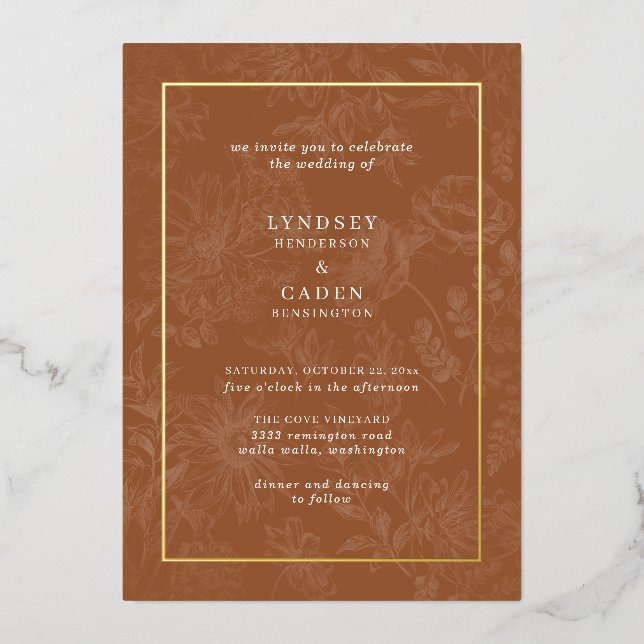 Invitación Con Relieve Metalizado Elegante Romántico Naranja Floral Boda Oro (Anverso)