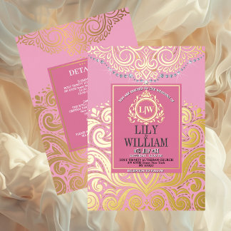 Invitación Con Relieve Metalizado Elegante rosa Artdeco Diamante Monograma Boda Oro