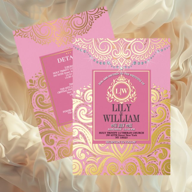 Invitación Con Relieve Metalizado Elegante rosa Artdeco Diamante Monograma Boda Oro (Luxurious Elegant Classic Boho Wedding Invitation - Real Foil and Monogram)