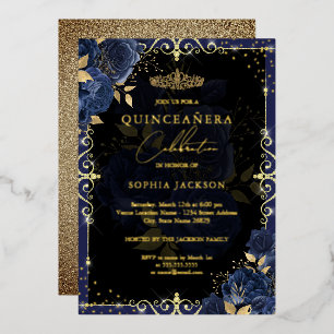Invitación Con Relieve Metalizado Elegante Rosa Azul Dorada Quinceañera