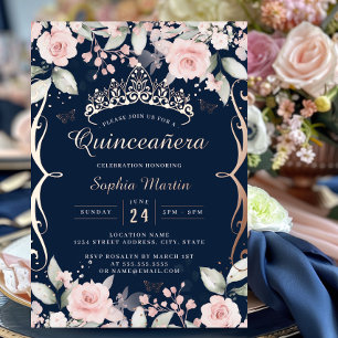 Invitación Con Relieve Metalizado Elegante Rosa Beige Navy Rosa Dorado Quinceañera