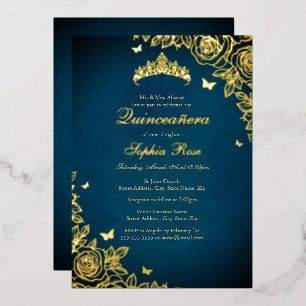 Invitación Con Relieve Metalizado Elegante Rosa Blue Gold Tiara Quinceanera
