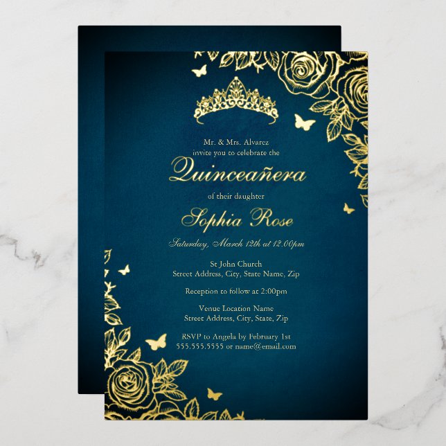 Invitación Con Relieve Metalizado Elegante Rosa Blue Gold Tiara Quinceanera (Anverso/Reverso)