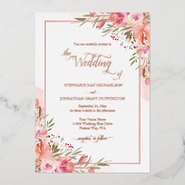 Invitación Con Relieve Metalizado Elegante Rosa Boda de acuarela floral rosa de colo