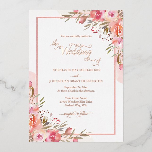 Invitación Con Relieve Metalizado Elegante Rosa Boda de acuarela floral rosa de colo (Anverso)
