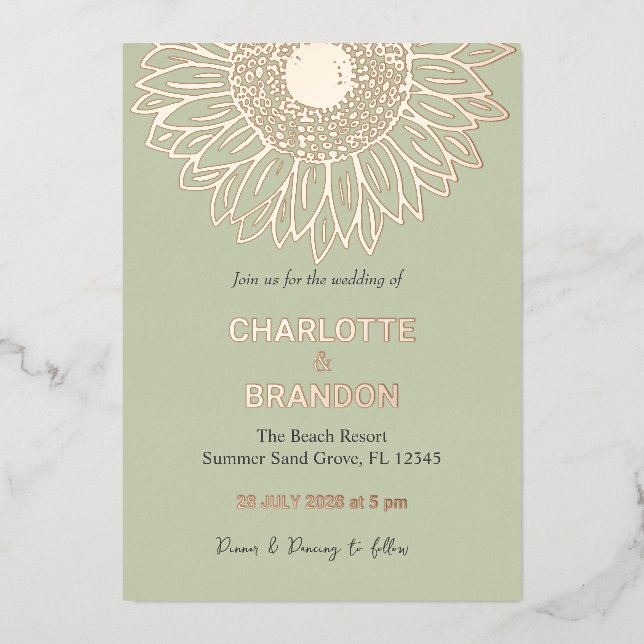 Invitación Con Relieve Metalizado Elegante Rosa Boda de girasol dorado (Anverso)