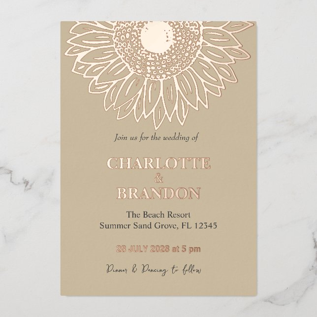 Invitación Con Relieve Metalizado Elegante Rosa Boda de girasol dorado (Anverso)