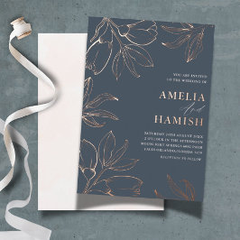 Invitación Con Relieve Metalizado Elegante Rosa Boda dorado y floral azul