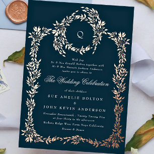 Invitación Con Relieve Metalizado Elegante Rosa Boda Escudo de oro de Navy Blue