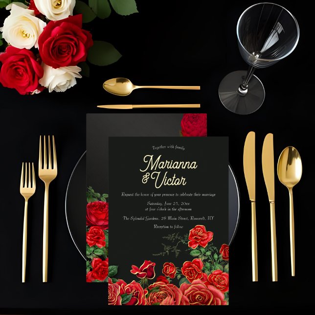 Invitación Con Relieve Metalizado Elegante Rosa Boda Invitación al Relieve metalizad (Elegant Rose Wedding Foil Invitation on a background of a place setting at wedding.)