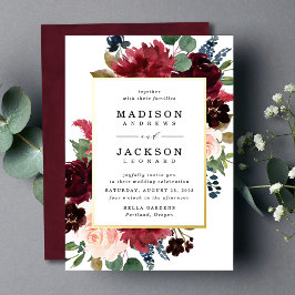 Invitación Con Relieve Metalizado Elegante Rosa Burgundy Azul Marino Floral Boda
