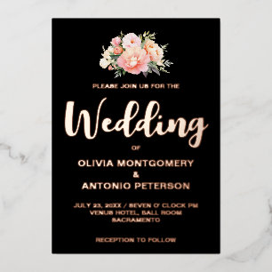 Invitación Con Relieve Metalizado Elegante Rosa Claro Peonía Negra Boda Foil Moderno