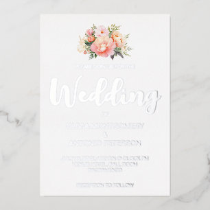 Invitación Con Relieve Metalizado Elegante Rosa Claro Peonía Plata Boda Moderna
