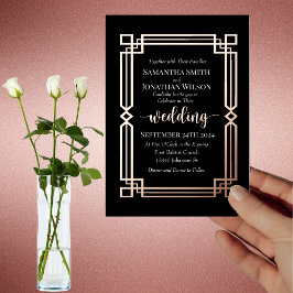 Invitación Con Relieve Metalizado Elegante Rosa de borde de oro en negro Boda real