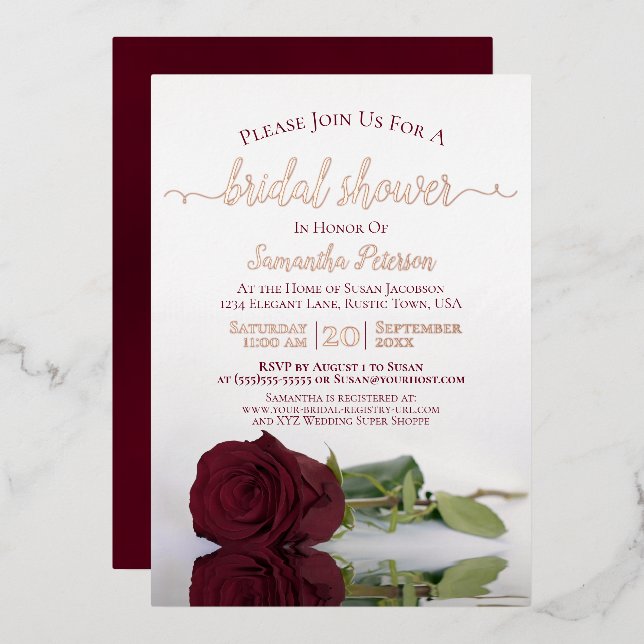 Invitación Con Relieve Metalizado Elegante Rosa de Borgoña con ducha Rosa de novias  (Anverso/Reverso)