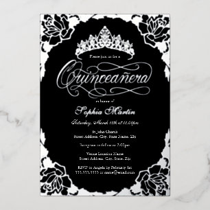 Invitación Con Relieve Metalizado Elegante Rosa de Escritura Negra Plateada para Qui
