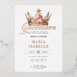 Invitación Con Relieve Metalizado Elegante Rosa de la Corona de Oro Fiesta de Quince