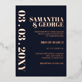 Invitación Con Relieve Metalizado Elegante Rosa de la Marina Oro Boda moderno