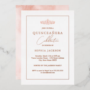 Invitación Con Relieve Metalizado Elegante Rosa de Oro Acuarela Quinceañera Cumpleañ