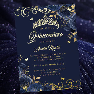 Invitación Con Relieve Metalizado Elegante Rosa de Oro Azul Marino Remolino Quinceañ