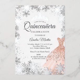 Invitación Con Relieve Metalizado Elegante Rosa de oro copo de nieve Quinceanera