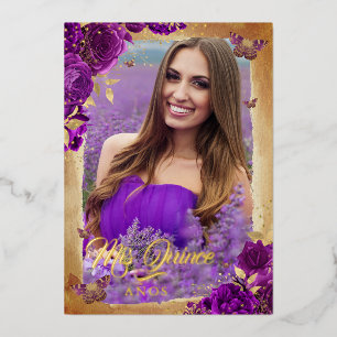 Invitación Con Relieve Metalizado Elegante Rosa de Oro Púrpura Floral Foto Quinceañe