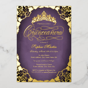 Invitación Con Relieve Metalizado Elegante Rosa de Oro Púrpura Quinceañera 
