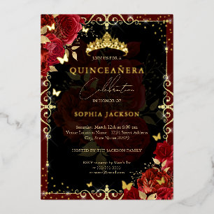 Invitación Con Relieve Metalizado Elegante Rosa de Oro Real Mariposa Quinceañera