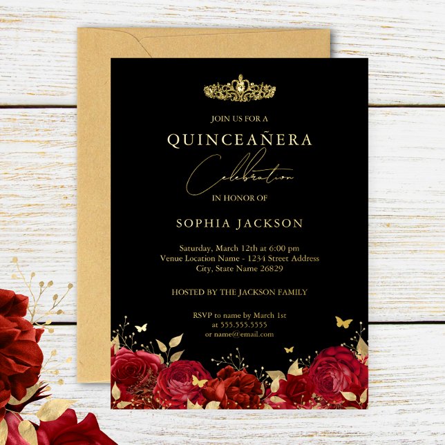 Invitación Con Relieve Metalizado Elegante Rosa de oro rojo mariposa Quinceanera (Subido por el creador)