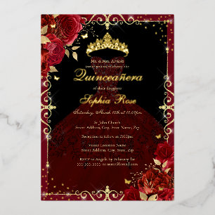 Invitación Con Relieve Metalizado Elegante Rosa de Oro Rojo Vestido Quinceanera