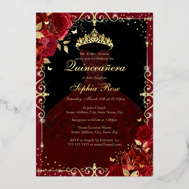 Invitación Con Relieve Metalizado Elegante Rosa de Oro Rojo Vestido Quinceanera (Anverso)