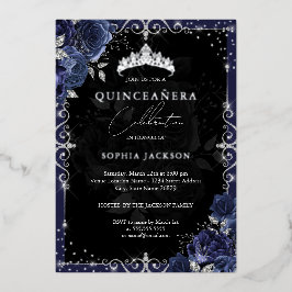 Invitación Con Relieve Metalizado Elegante Rosa de plata de la marina Quinceanera