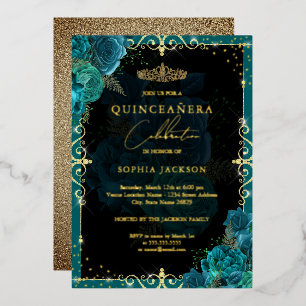 Invitación Con Relieve Metalizado Elegante Rosa de Quinceañera en Turquesa y Oro