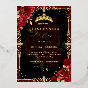 Invitación Con Relieve Metalizado Elegante Rosa de Quinceañera Real Rojo Brillante D